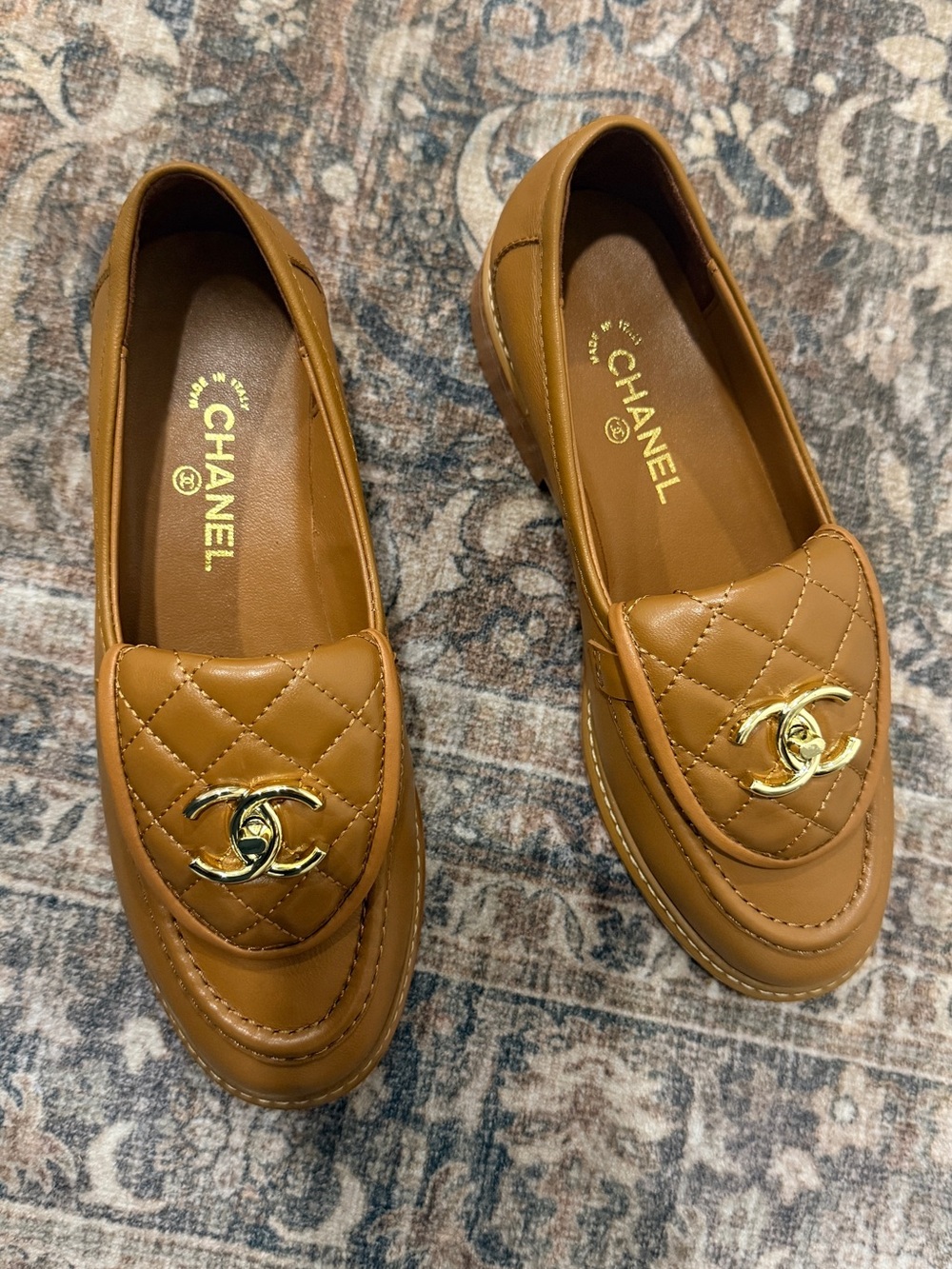 CHANEL Cognac Quilted Leather Loafers with Gold CC Hardware